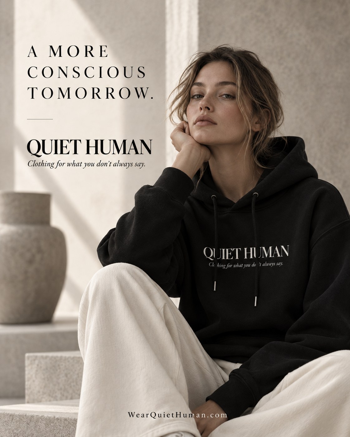 Quiet Human campaign: a woman in a black branded hoodie and cream trousers, seated in soft natural light