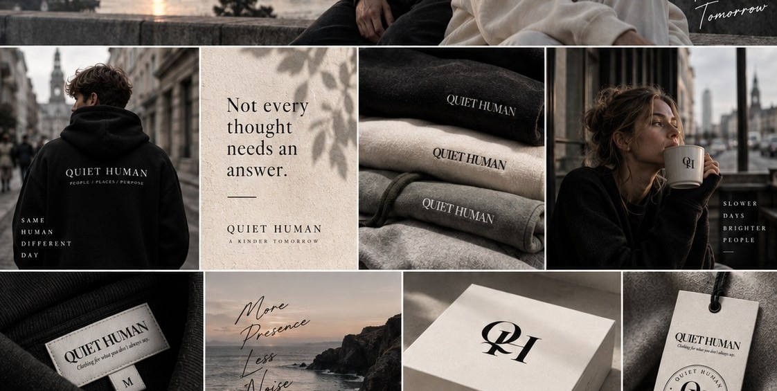 Quiet Human brand moodboard with understated hoodies, natural textures, a coffee moment, labels and packaging